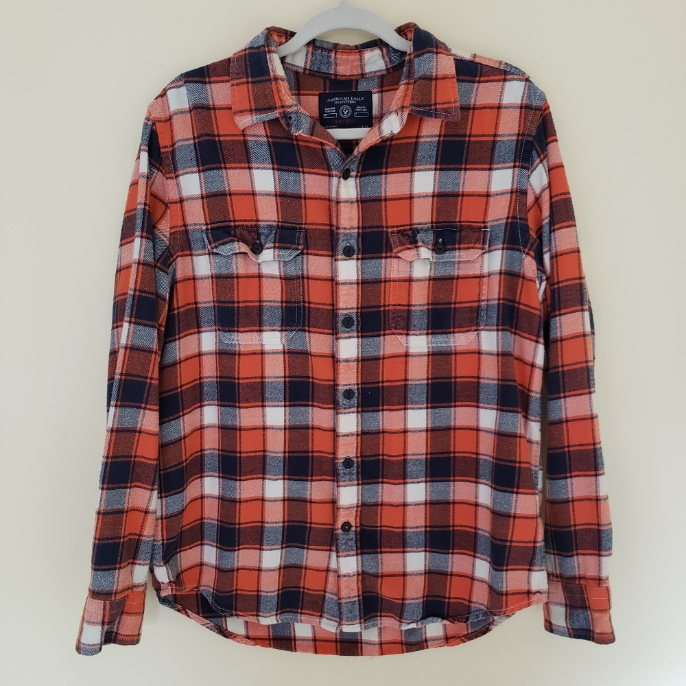 American Eagle Orange & Blue Button Down Flannel